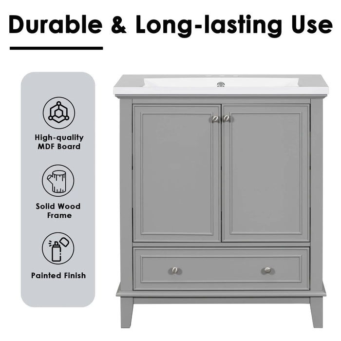 30' Bathroom Vanity without Sink, Base Only, Multi-functional Bathroom Cabinet with Doors and Drawer, Solid Frame and MDF Board, Grey Default -DTYStore