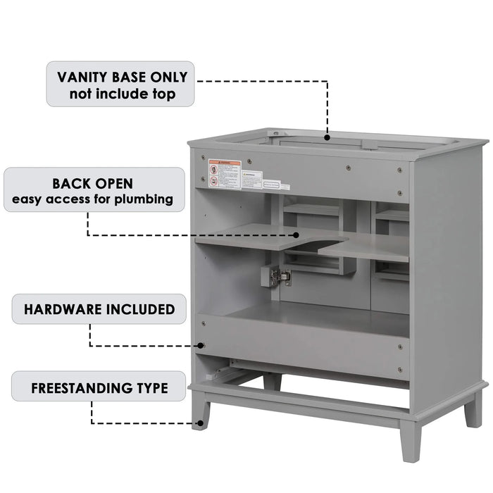 30' Bathroom Vanity without Sink, Base Only, Multi-functional Bathroom Cabinet with Doors and Drawer, Solid Frame and MDF Board, Grey Default -DTYStore