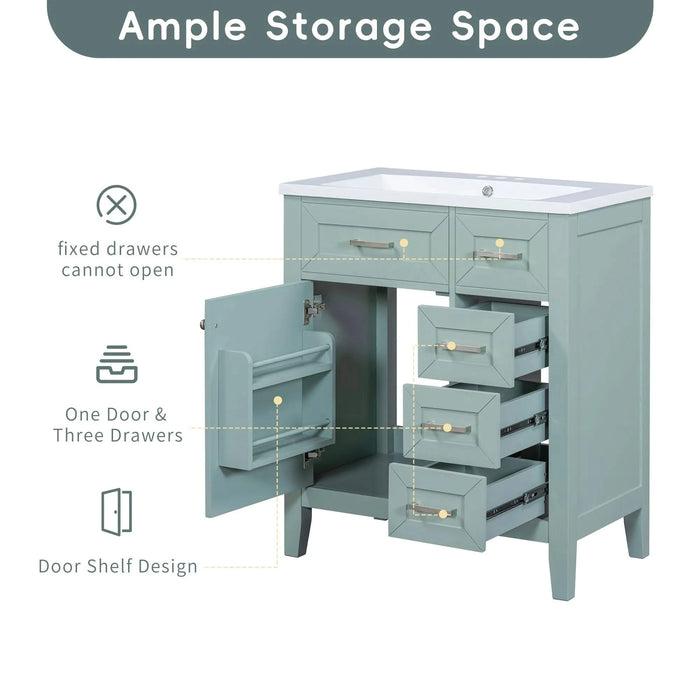 30' Bathroom Vanity without Sink, Cabinet Base Only, Bathroom Cabinet with Drawers, Solid Frame and MDF Board, Green Default -DTYStore