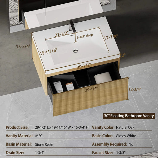 30'' Floating Bathroom Vanity with Sink Combo, Modern Wall-Mounted Striped Bathroom Storage Cabinet with Soft-Close Drawer and Glossy White Solid Surface Basin, Natural Oak 24V16-30NOW Default -DTYStore