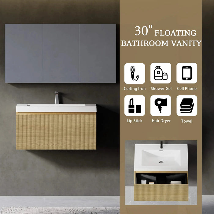 30'' Floating Bathroom Vanity with Sink Combo, Modern Wall-Mounted Striped Bathroom Storage Cabinet with Soft-Close Drawer and Glossy White Solid Surface Basin, Natural Oak 24V16-30NOW Default -DTYStore