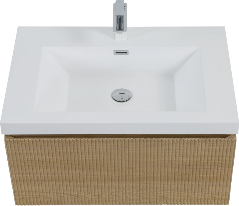 30'' Floating Bathroom Vanity with Sink Combo, Modern Wall-Mounted Striped Bathroom Storage Cabinet with Soft-Close Drawer and Glossy White Solid Surface Basin, Natural Oak 24V16-30NOW Default -DTYStore