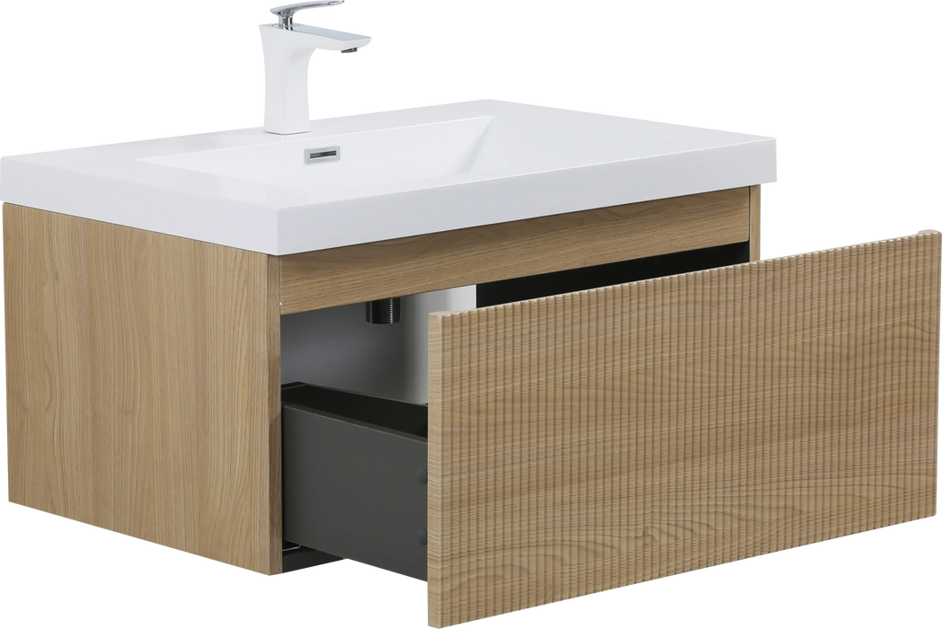 30'' Floating Bathroom Vanity with Sink Combo, Modern Wall-Mounted Striped Bathroom Storage Cabinet with Soft-Close Drawer and Glossy White Solid Surface Basin, Natural Oak 24V16-30NOW Default -DTYStore