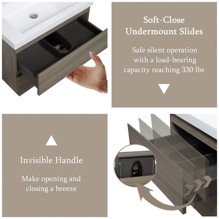 30' Floating Bathroom Vanity with Sink, Modern Wall-Mounted Bathroom Storage Vanity Cabinet with Resin Top Basin and Soft Close Drawers, Ash Grey 24V11-30AG Default -DTYStore