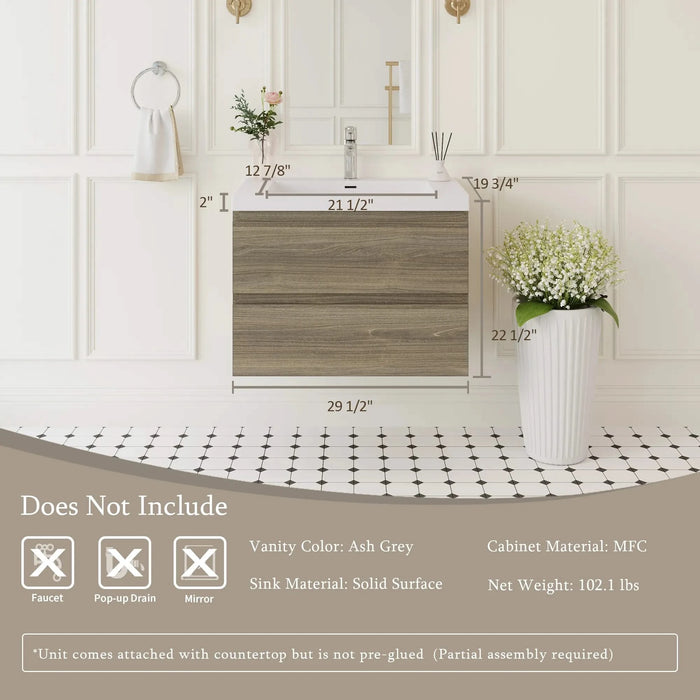30' Floating Bathroom Vanity with Sink, Modern Wall-Mounted Bathroom Storage Vanity Cabinet with Resin Top Basin and Soft Close Drawers, Ash Grey 24V11-30AG Default -DTYStore