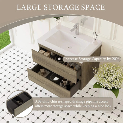 30' Floating Bathroom Vanity with Sink, Modern Wall-Mounted Bathroom Storage Vanity Cabinet with Resin Top Basin and Soft Close Drawers, Ash Grey 24V11-30AG Default -DTYStore