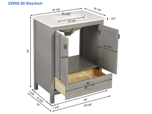 30' Freestanding Bathroom Vanity with Sink, Carrara Engineered Marble Vanity Top with Under-mounted Rectangular Ceramic Sink, Large Storage Soft-Close Door, Solid Wood Frame, Grey 24V03-30GR Default -DTYStore