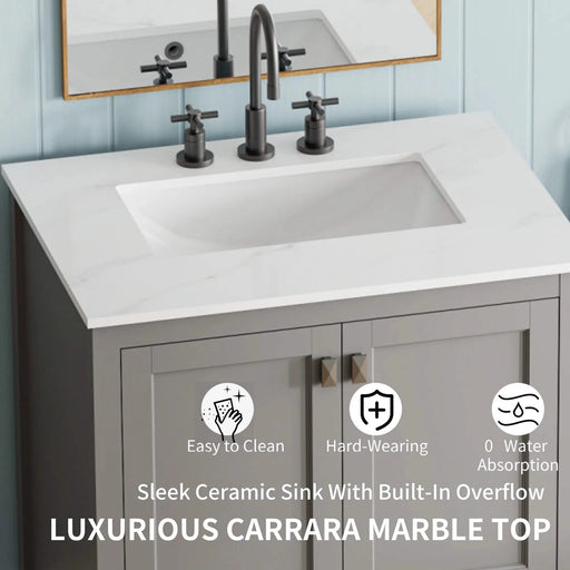 30' Freestanding Bathroom Vanity with Sink, Carrara Engineered Marble Vanity Top with Under-mounted Rectangular Ceramic Sink, Large Storage Soft-Close Door, Solid Wood Frame, Grey 24V03-30GR Default -DTYStore