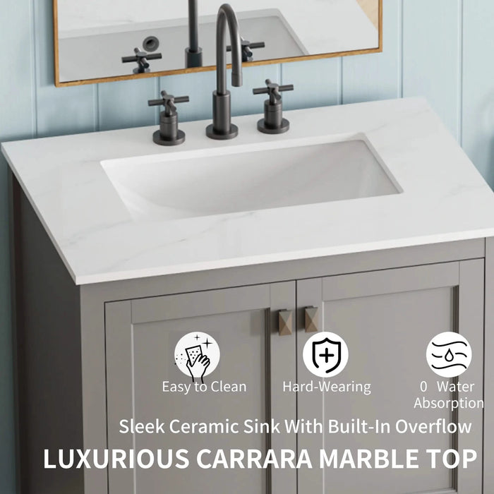 30' Freestanding Bathroom Vanity with Sink, Carrara Engineered Marble Vanity Top with Under-mounted Rectangular Ceramic Sink, Large Storage Soft-Close Door, Solid Wood Frame, Grey 24V03-30GR Default -DTYStore