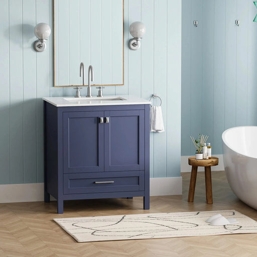 30' Freestanding Bathroom Vanity with Sink, Carrara Engineered Marble Vanity Top with Under-mounted Rectangular Ceramic Sink, Large Storage Soft-Close Door, Solid Wood Frame, Navy Blue 24V03-30NB Default -DTYStore