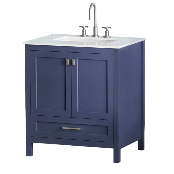 30' Freestanding Bathroom Vanity with Sink, Carrara Engineered Marble Vanity Top with Under-mounted Rectangular Ceramic Sink, Large Storage Soft-Close Door, Solid Wood Frame, Navy Blue 24V03-30NB Default -DTYStore
