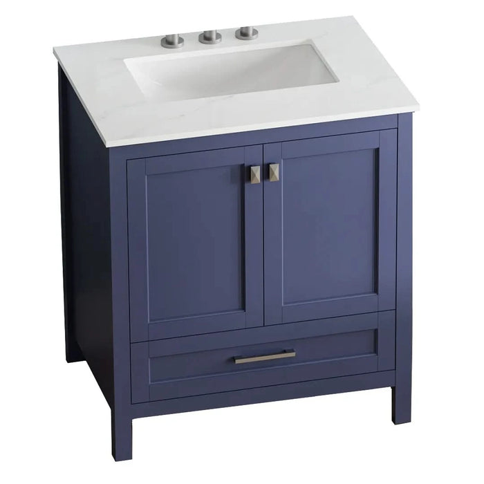 30' Freestanding Bathroom Vanity with Sink, Carrara Engineered Marble Vanity Top with Under-mounted Rectangular Ceramic Sink, Large Storage Soft-Close Door, Solid Wood Frame, Navy Blue 24V03-30NB Default -DTYStore