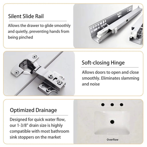 30' Freestanding Bathroom Vanity with Sink, Carrara Engineered Marble Vanity Top with Under-mounted Rectangular Ceramic Sink, Large Storage Soft-Close Door, Solid Wood Frame, Navy Blue 24V03-30NB Default -DTYStore