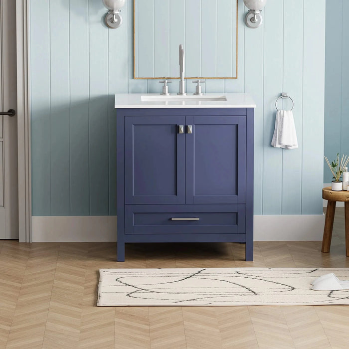 30' Freestanding Bathroom Vanity with Sink, Carrara Engineered Marble Vanity Top with Under-mounted Rectangular Ceramic Sink, Large Storage Soft-Close Door, Solid Wood Frame, Navy Blue 24V03-30NB Default -DTYStore
