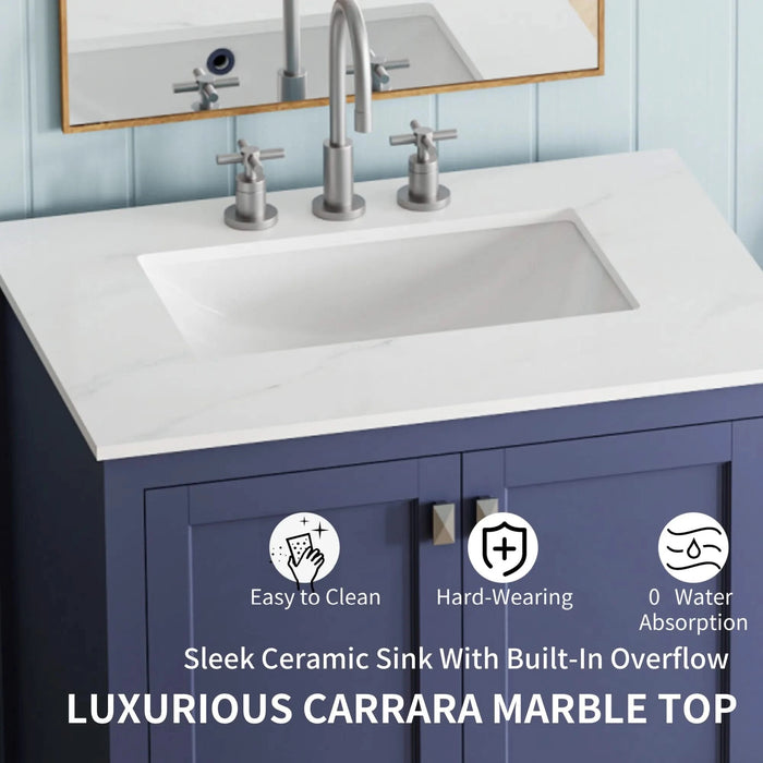 30' Freestanding Bathroom Vanity with Sink, Carrara Engineered Marble Vanity Top with Under-mounted Rectangular Ceramic Sink, Large Storage Soft-Close Door, Solid Wood Frame, Navy Blue 24V03-30NB Default -DTYStore