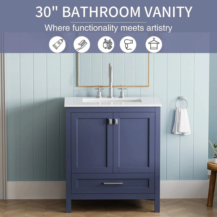30' Freestanding Bathroom Vanity with Sink, Carrara Engineered Marble Vanity Top with Under-mounted Rectangular Ceramic Sink, Large Storage Soft-Close Door, Solid Wood Frame, Navy Blue 24V03-30NB Default -DTYStore