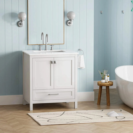 30' Freestanding Bathroom Vanity with Sink, Carrara Engineered Marble Vanity Top with Under-mounted Rectangular Ceramic Sink, Large Storage Soft-Close Door, Solid Wood Frame, White 24V03-30WH Default -DTYStore