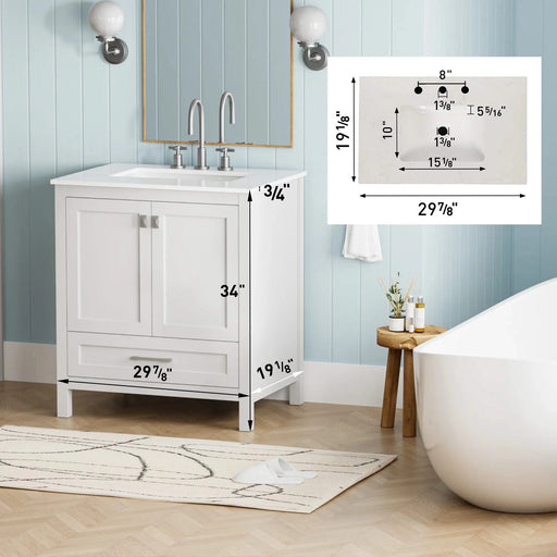 30' Freestanding Bathroom Vanity with Sink, Carrara Engineered Marble Vanity Top with Under-mounted Rectangular Ceramic Sink, Large Storage Soft-Close Door, Solid Wood Frame, White 24V03-30WH Default -DTYStore