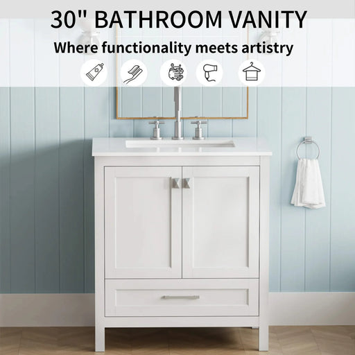30' Freestanding Bathroom Vanity with Sink, Carrara Engineered Marble Vanity Top with Under-mounted Rectangular Ceramic Sink, Large Storage Soft-Close Door, Solid Wood Frame, White 24V03-30WH Default -DTYStore
