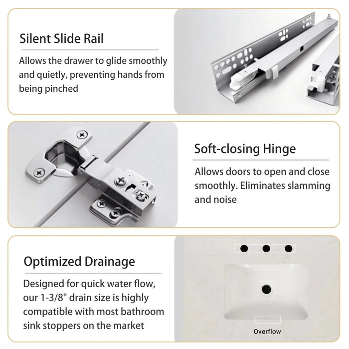 30' Freestanding Bathroom Vanity with Sink, Carrara Engineered Marble Vanity Top with Under-mounted Rectangular Ceramic Sink, Large Storage Soft-Close Door, Solid Wood Frame, White 24V03-30WH Default -DTYStore