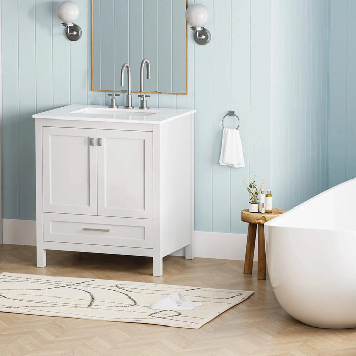 30' Freestanding Bathroom Vanity with Sink, Carrara Engineered Marble Vanity Top with Under-mounted Rectangular Ceramic Sink, Large Storage Soft-Close Door, Solid Wood Frame, White 24V03-30WH Default -DTYStore