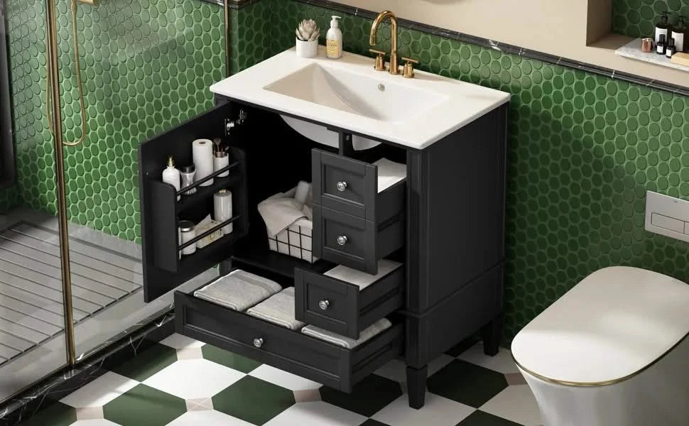 30 Inch Bathroom Vanity with Ceramic Sink, Black Bathroom with 3 Drawers, Solid Wood Frame Modern Bathroom Storage Cabinet , Ideal for Home Default -DTYStore