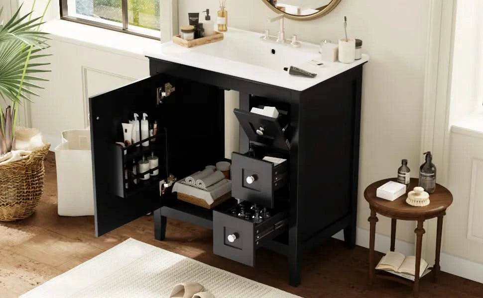 30 Inch Bathroom Vanity with Ceramic Sink, Black Bathroom with 3 Drawers, Solid Wood Frame Modern Bathroom Storage Cabinet , Ideal for Home Default -DTYStore