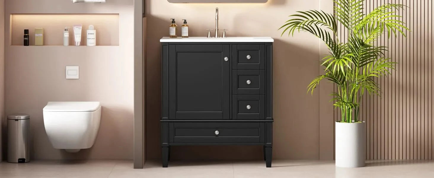 30 Inch Bathroom Vanity with Ceramic Sink, Black Bathroom with 3 Drawers, Solid Wood Frame Modern Bathroom Storage Cabinet , Ideal for Home Default -DTYStore