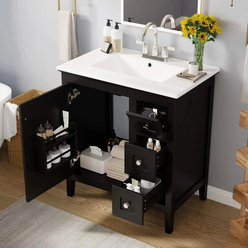 30 Inch Bathroom Vanity with Ceramic Sink, Black Bathroom with 3 Drawers, Solid Wood Frame Modern Bathroom Storage Cabinet , Ideal for Home Default -DTYStore