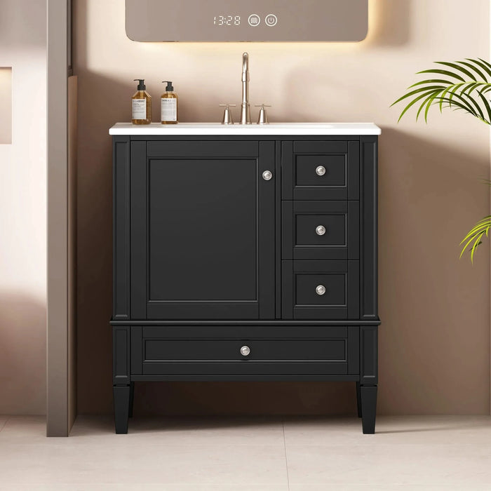 30 Inch Bathroom Vanity with Ceramic Sink, Black Bathroom with 3 Drawers, Solid Wood Frame Modern Bathroom Storage Cabinet , Ideal for Home Default -DTYStore