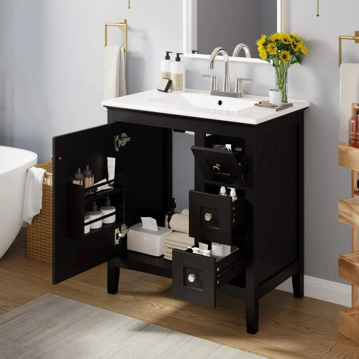 30 Inch Bathroom Vanity with Ceramic Sink, Black Bathroom with 3 Drawers, Solid Wood Frame Modern Bathroom Storage Cabinet , Ideal for Home Default -DTYStore