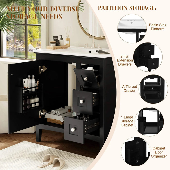 30 Inch Bathroom Vanity with Ceramic Sink, Black Bathroom with 3 Drawers, Solid Wood Frame Modern Bathroom Storage Cabinet , Ideal for Home Default -DTYStore