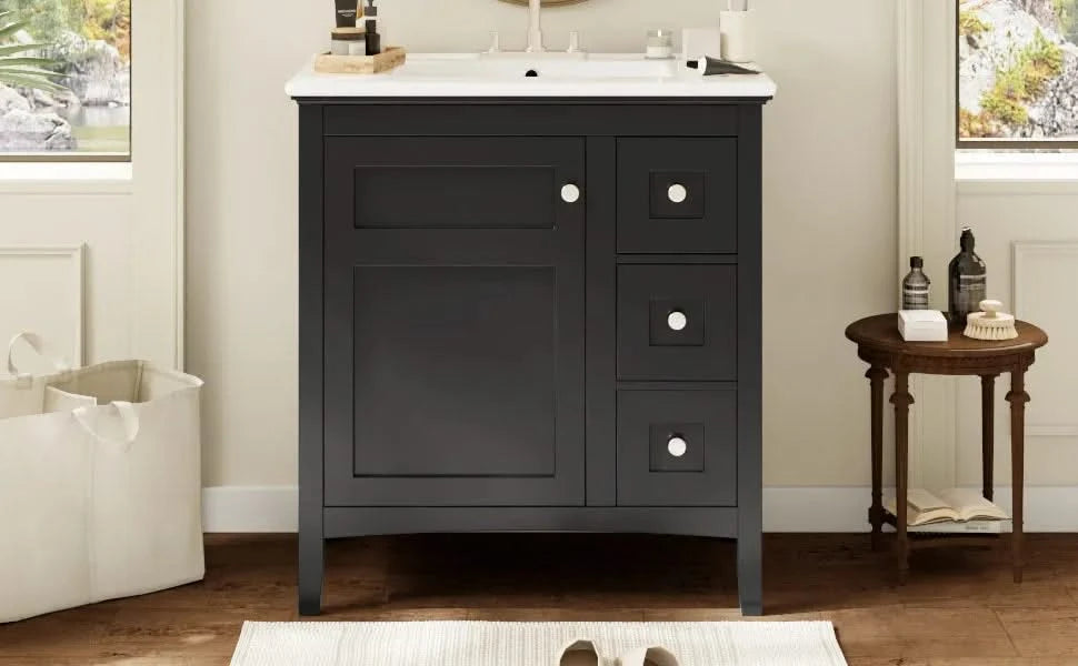 30 Inch Bathroom Vanity with Ceramic Sink, Black Bathroom with 3 Drawers, Solid Wood Frame Modern Bathroom Storage Cabinet , Ideal for Home Default -DTYStore