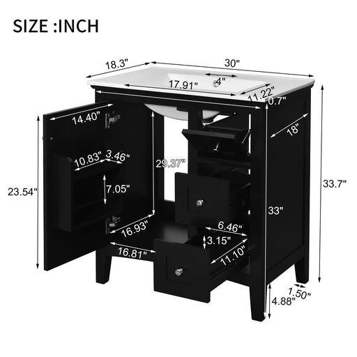 30 Inch Bathroom Vanity with Ceramic Sink, Black Bathroom with 3 Drawers, Solid Wood Frame Modern Bathroom Storage Cabinet , Ideal for Home Default -DTYStore