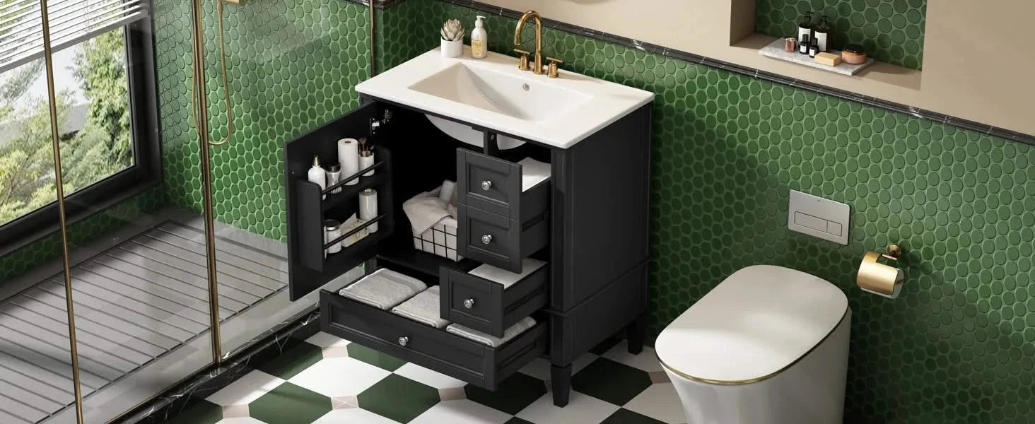 30 Inch Bathroom Vanity with Ceramic Sink, Black Bathroom with 3 Drawers, Solid Wood Frame Modern Bathroom Storage Cabinet , Ideal for Home Default -DTYStore
