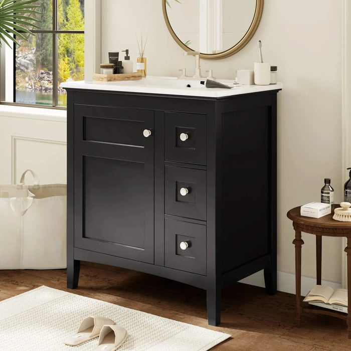 30 Inch Bathroom Vanity with Ceramic Sink, Black Bathroom with 3 Drawers, Solid Wood Frame Modern Bathroom Storage Cabinet , Ideal for Home Default -DTYStore