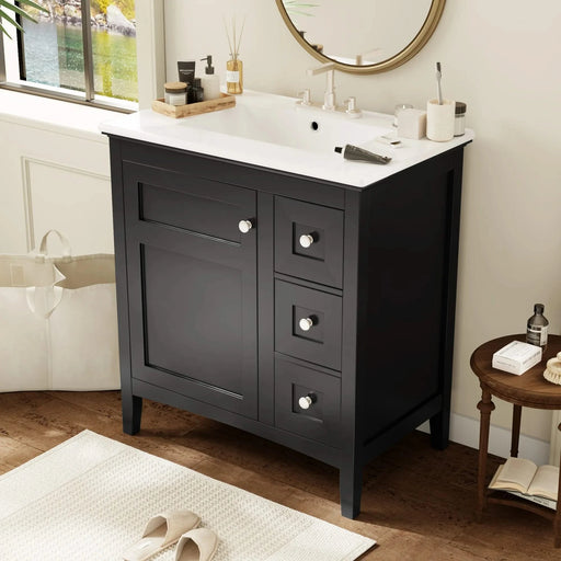 30 Inch Bathroom Vanity with Ceramic Sink, Black Bathroom with 3 Drawers, Solid Wood Frame Modern Bathroom Storage Cabinet , Ideal for Home Default -DTYStore