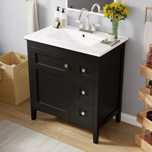 30 Inch Bathroom Vanity with Ceramic Sink, Black Bathroom with 3 Drawers, Solid Wood Frame Modern Bathroom Storage Cabinet , Ideal for Home Default -DTYStore