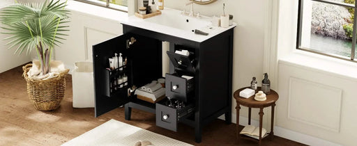 30 Inch Bathroom Vanity with Ceramic Sink, Black Bathroom with 3 Drawers, Solid Wood Frame Modern Bathroom Storage Cabinet , Ideal for Home Default -DTYStore