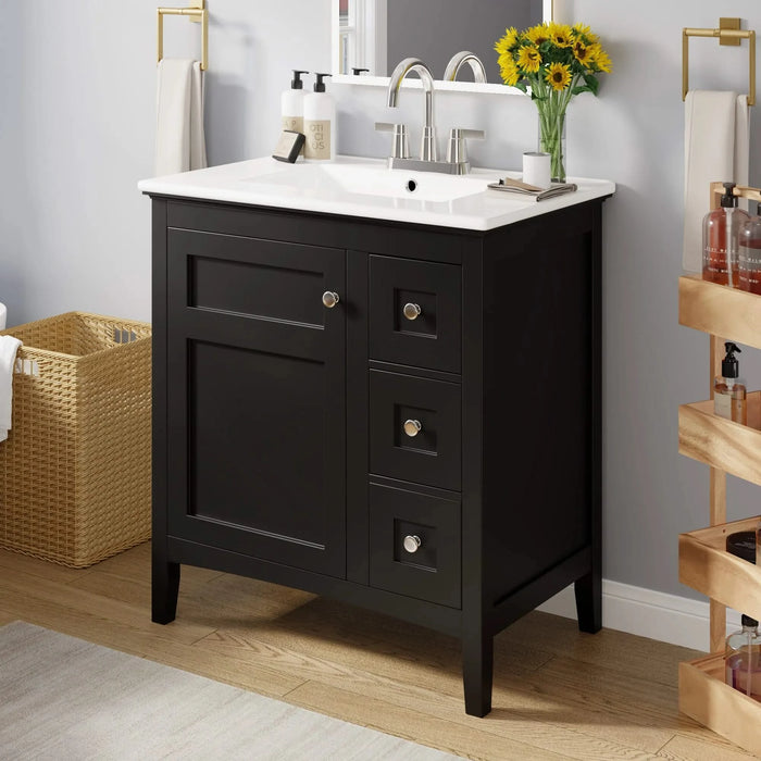 30 Inch Bathroom Vanity with Ceramic Sink, Black Bathroom with 3 Drawers, Solid Wood Frame Modern Bathroom Storage Cabinet , Ideal for Home Default -DTYStore
