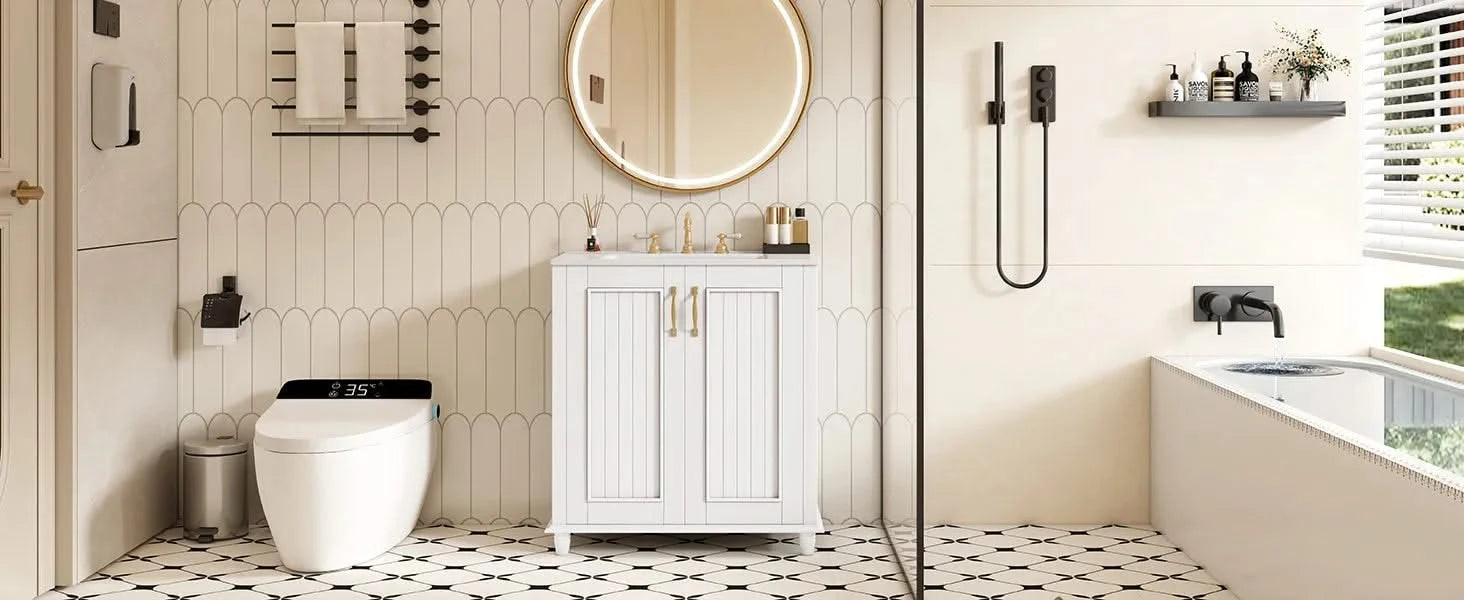 30 Inch Bathroom Vanity with Ceramic Sink, Freestanding Bathroom Vanity Set with Hidden Drawer, Storage Cabinet for Bathroom, Solid Wood Frame Bathroom Cabinet Default -DTYStore