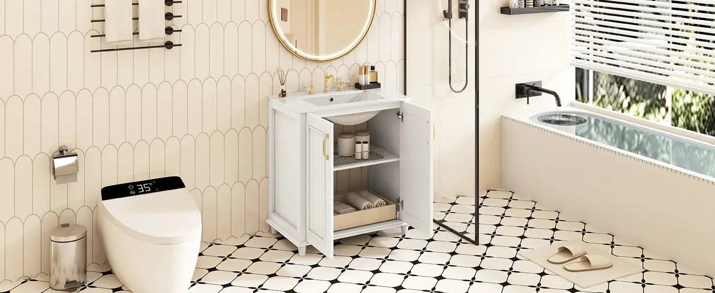 30 Inch Bathroom Vanity with Ceramic Sink, Freestanding Bathroom Vanity Set with Hidden Drawer, Storage Cabinet for Bathroom, Solid Wood Frame Bathroom Cabinet Default -DTYStore