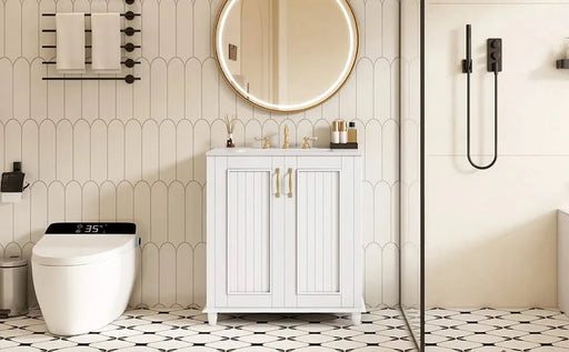 30 Inch Bathroom Vanity with Ceramic Sink, Freestanding Bathroom Vanity Set with Hidden Drawer, Storage Cabinet for Bathroom, Solid Wood Frame Bathroom Cabinet Default -DTYStore