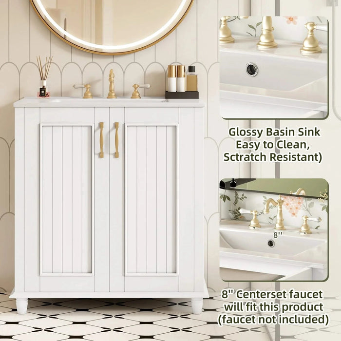 30 Inch Bathroom Vanity with Ceramic Sink, Freestanding Bathroom Vanity Set with Hidden Drawer, Storage Cabinet for Bathroom, Solid Wood Frame Bathroom Cabinet Default -DTYStore