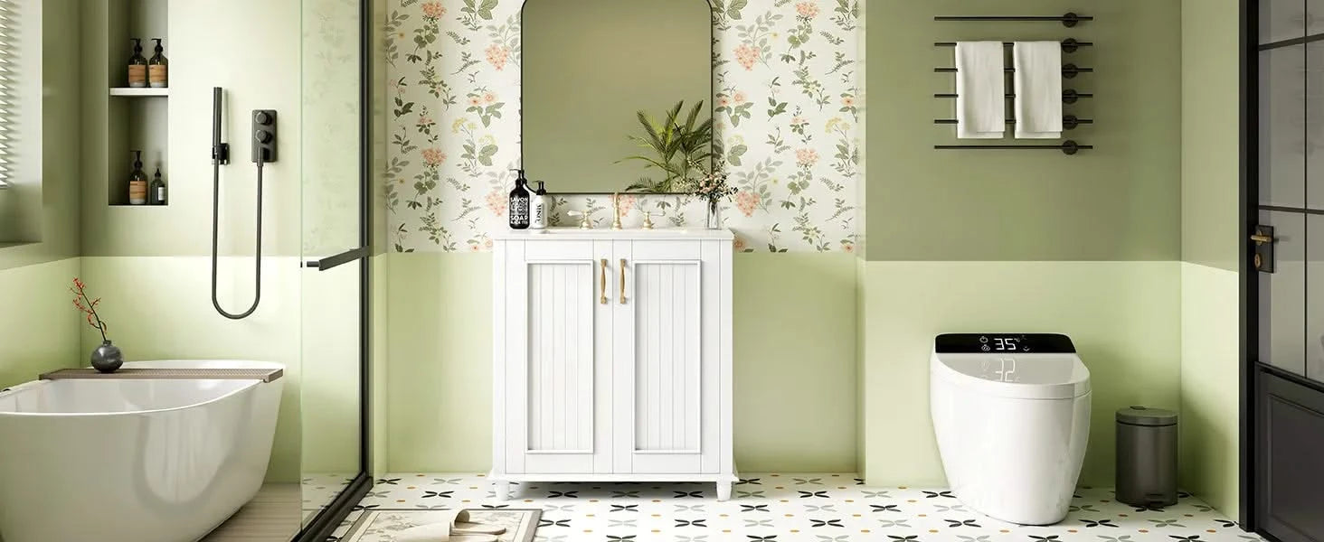 30 Inch Bathroom Vanity with Ceramic Sink, Freestanding Bathroom Vanity Set with Hidden Drawer, Storage Cabinet for Bathroom, Solid Wood Frame Bathroom Cabinet Default -DTYStore