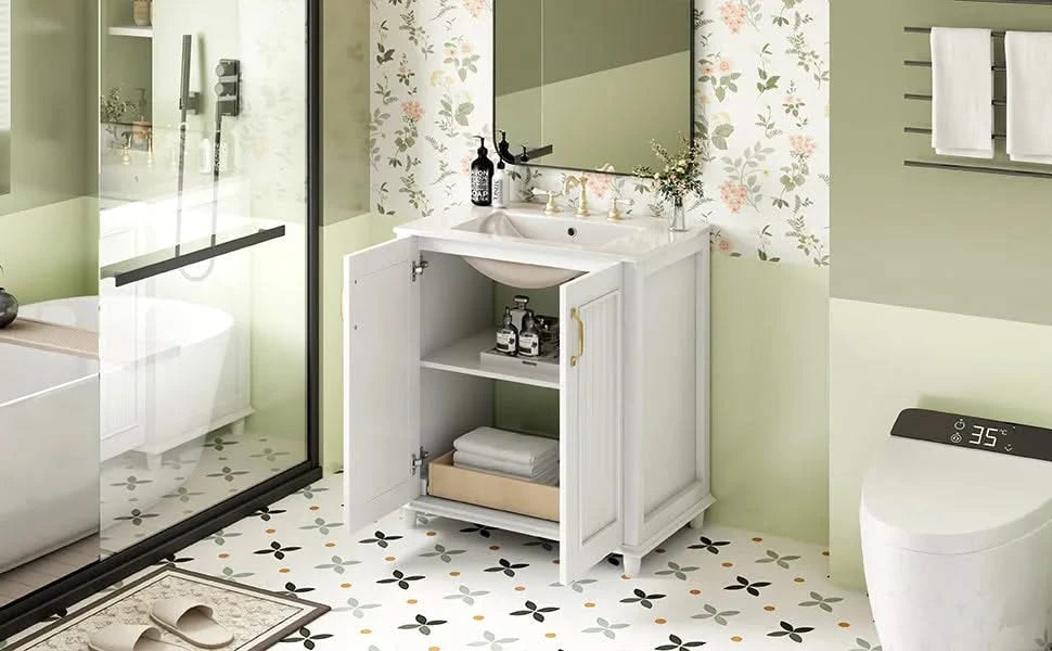 30 Inch Bathroom Vanity with Ceramic Sink, Freestanding Bathroom Vanity Set with Hidden Drawer, Storage Cabinet for Bathroom, Solid Wood Frame Bathroom Cabinet Default -DTYStore