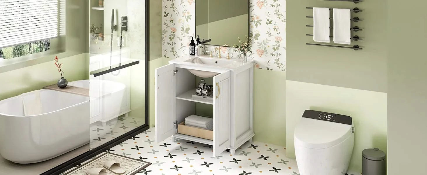 30 Inch Bathroom Vanity with Ceramic Sink, Freestanding Bathroom Vanity Set with Hidden Drawer, Storage Cabinet for Bathroom, Solid Wood Frame Bathroom Cabinet Default -DTYStore