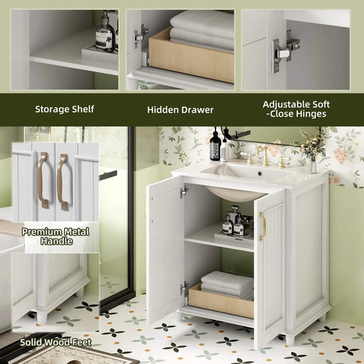30 Inch Bathroom Vanity with Ceramic Sink, Freestanding Bathroom Vanity Set with Hidden Drawer, Storage Cabinet for Bathroom, Solid Wood Frame Bathroom Cabinet Default -DTYStore