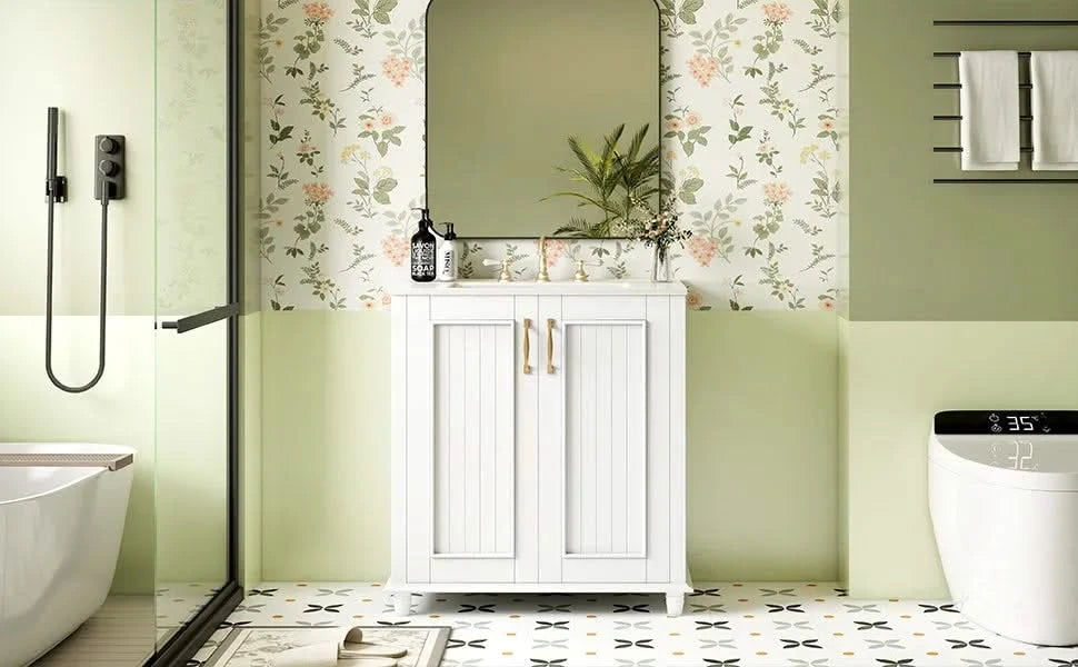 30 Inch Bathroom Vanity with Ceramic Sink, Freestanding Bathroom Vanity Set with Hidden Drawer, Storage Cabinet for Bathroom, Solid Wood Frame Bathroom Cabinet Default -DTYStore