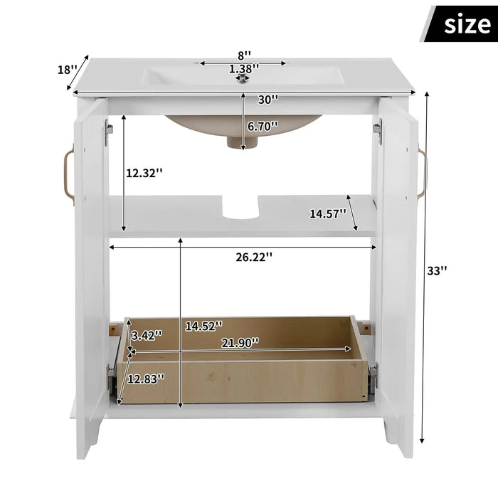 30 Inch Bathroom Vanity with Ceramic Sink, Freestanding Bathroom Vanity Set with Hidden Drawer, Storage Cabinet for Bathroom, Solid Wood Frame Bathroom Cabinet Default -DTYStore